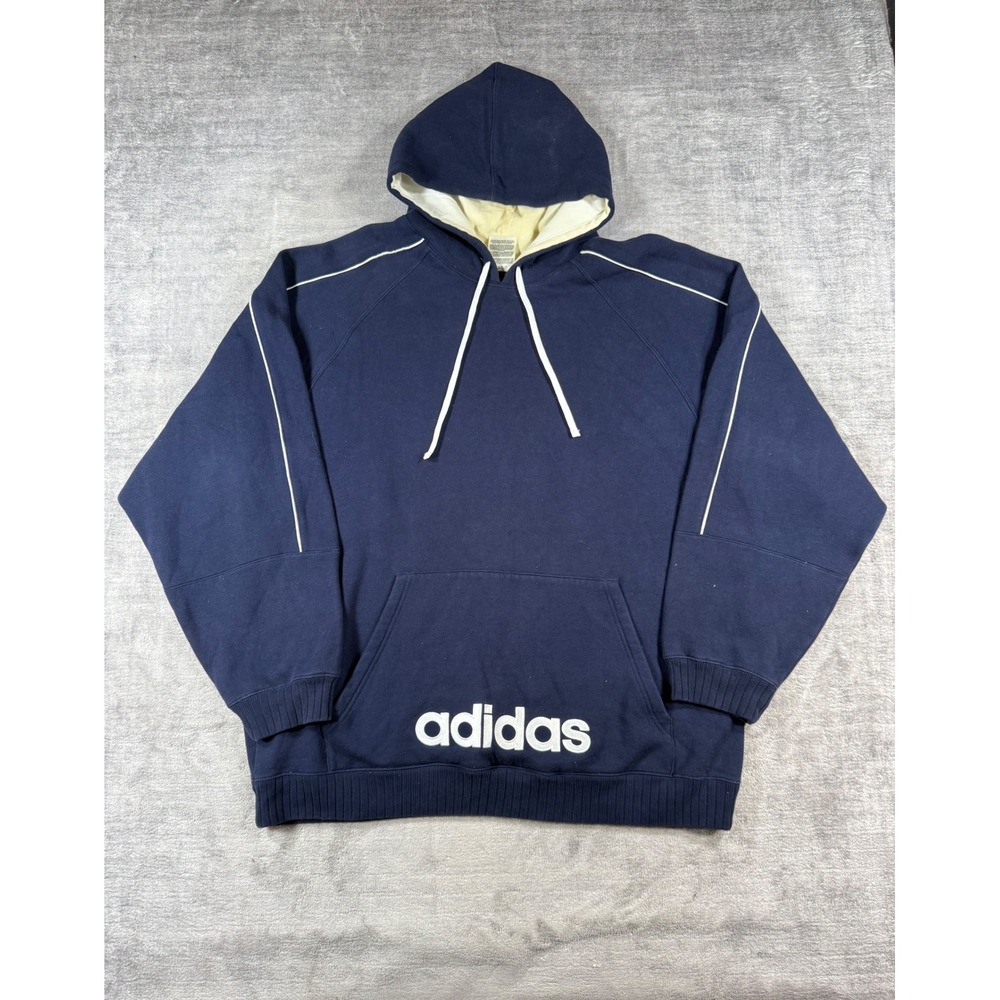 Adidas Hoodie Mens 2XL Navy Blue Vtg Y2K Embroidered Spell Out Piping Sportswear